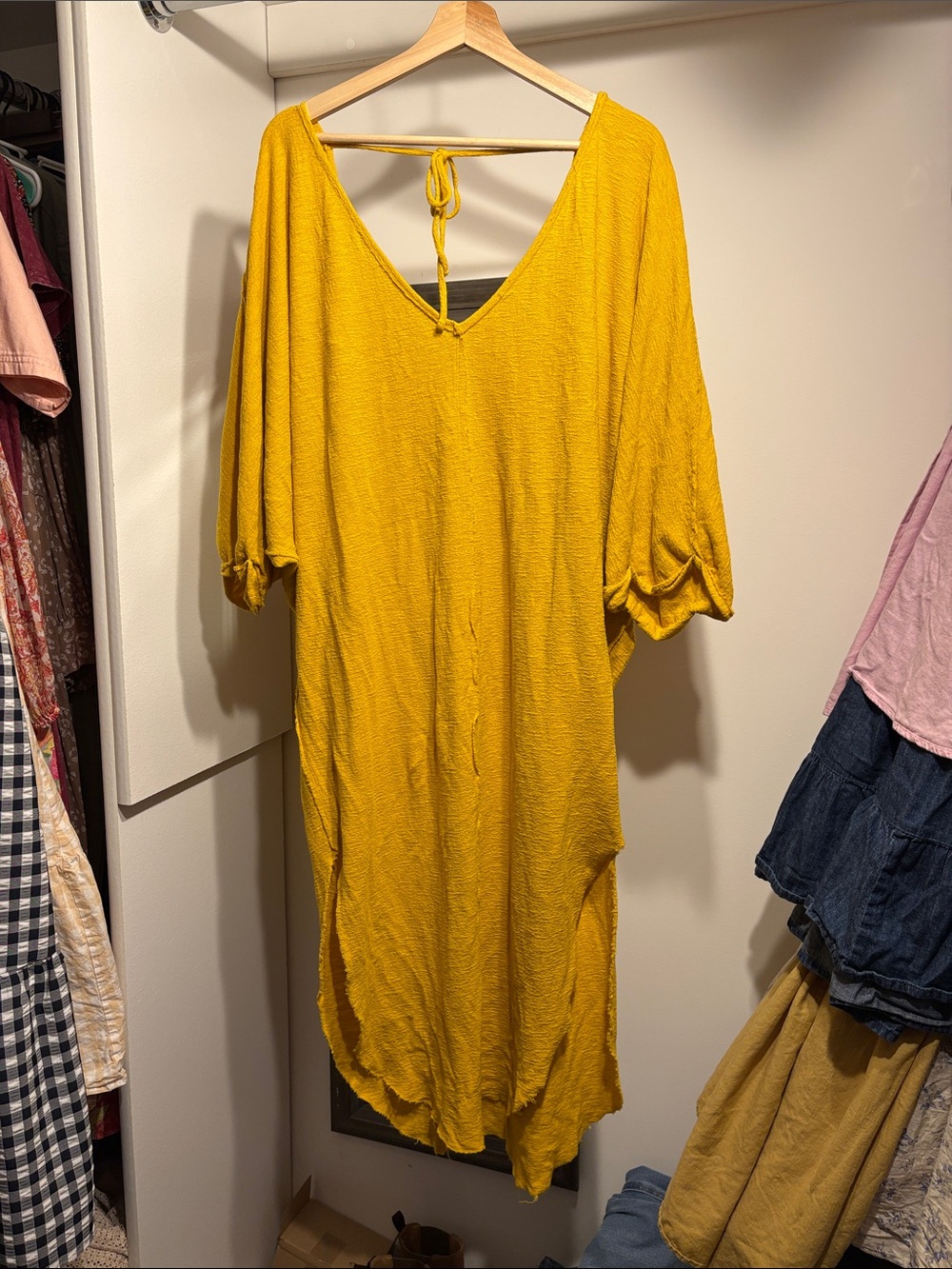 Free People Golden Mustard V-Neck Tie-Back Dress
